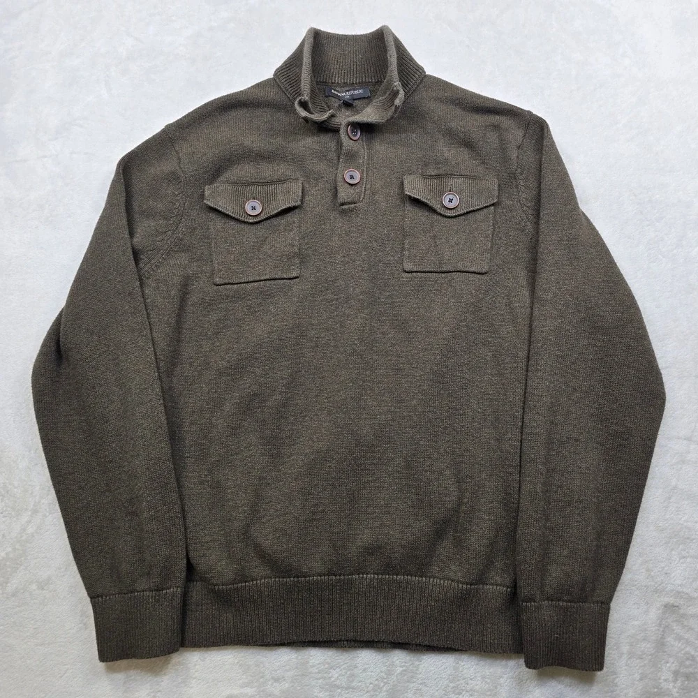 Banana Republic Military‎ Pullover Sweater Mens XL Dark Green Knit Button Neck